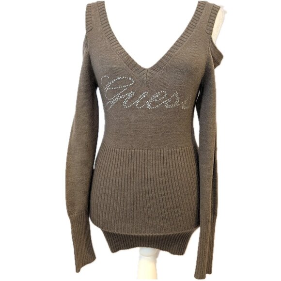 Guess | Taupe Brown Cold Shoulder Sweater Y2K Rhinestone Embellished | Medium - Picture 2 of 12